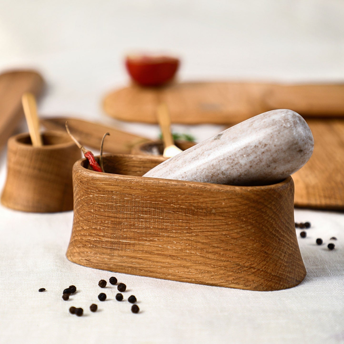 Oak Mortar and Marble Pestle