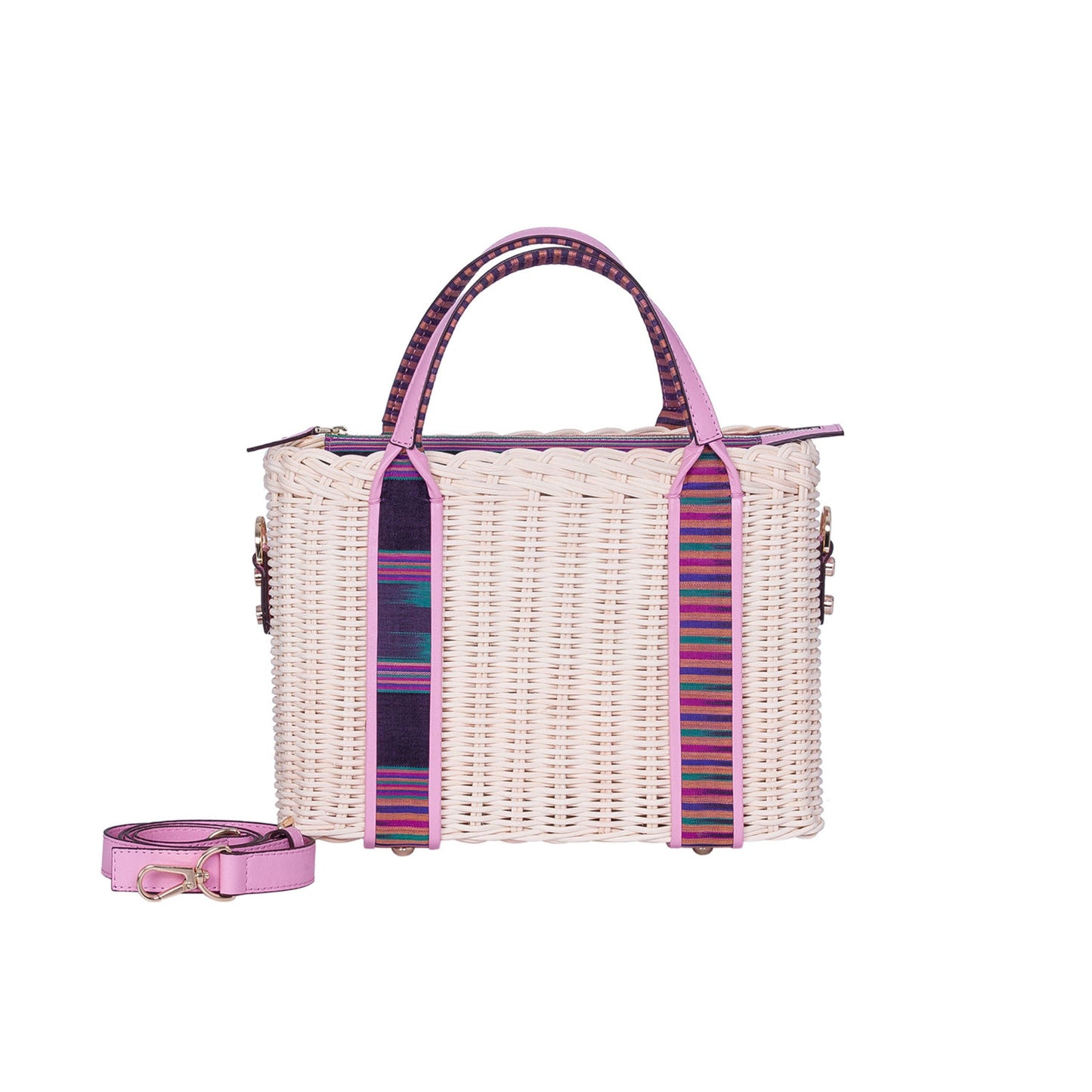 Woven Straw Handbag with Pink Leather Trimmed Handles