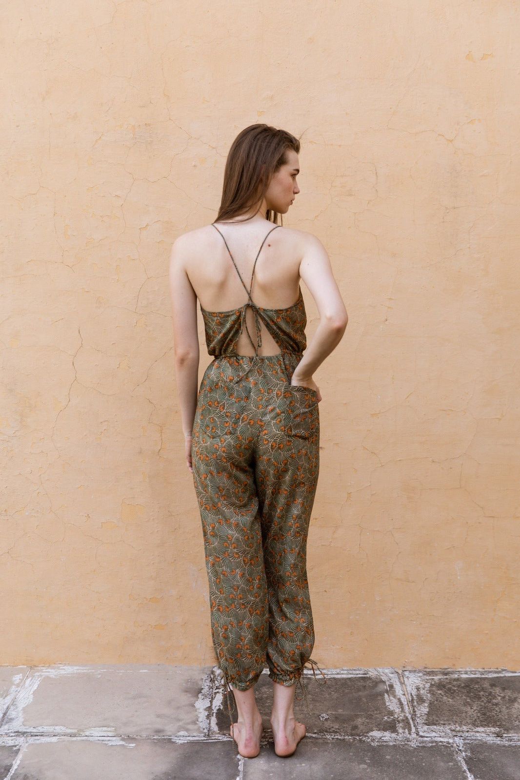 Hand-Printed Simané Jumpsuit (Safari Green)