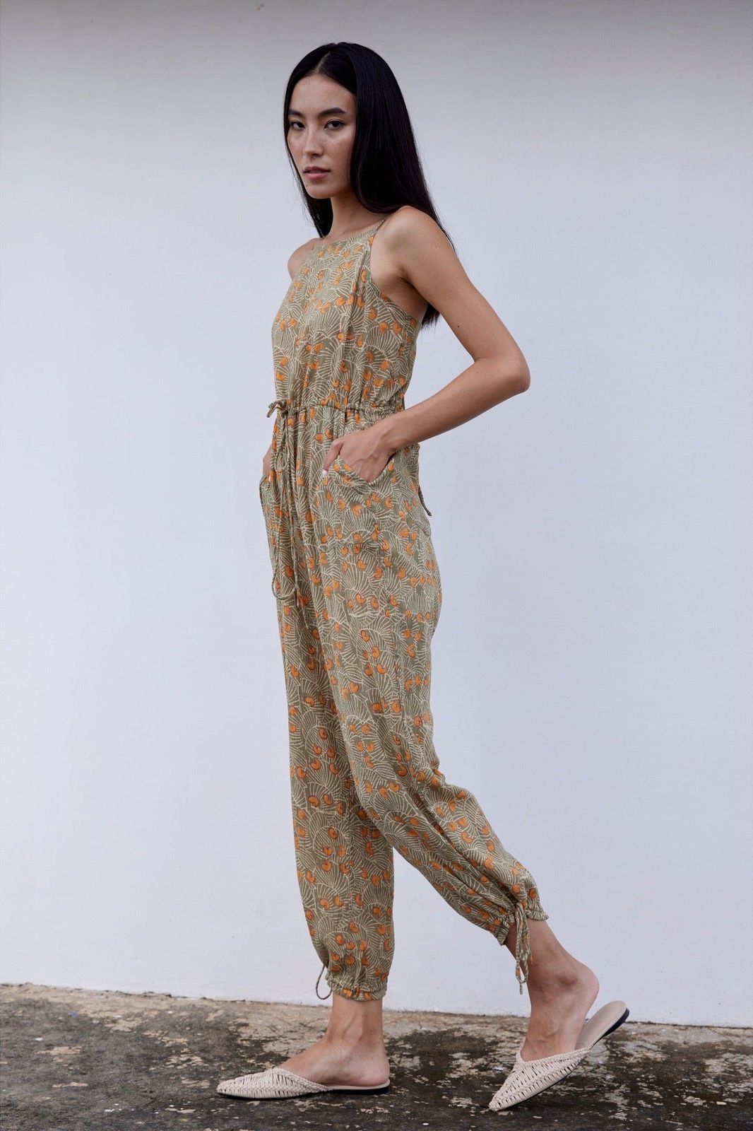 Hand-Printed Simané Jumpsuit (Safari Green)