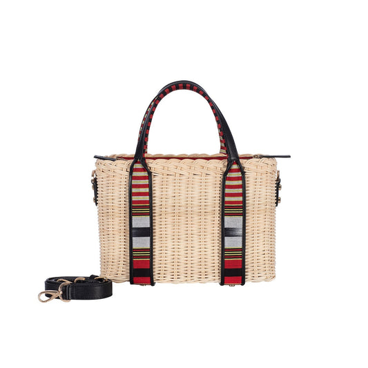 Woven Straw Handbag with Black Leather Trimmed Handles