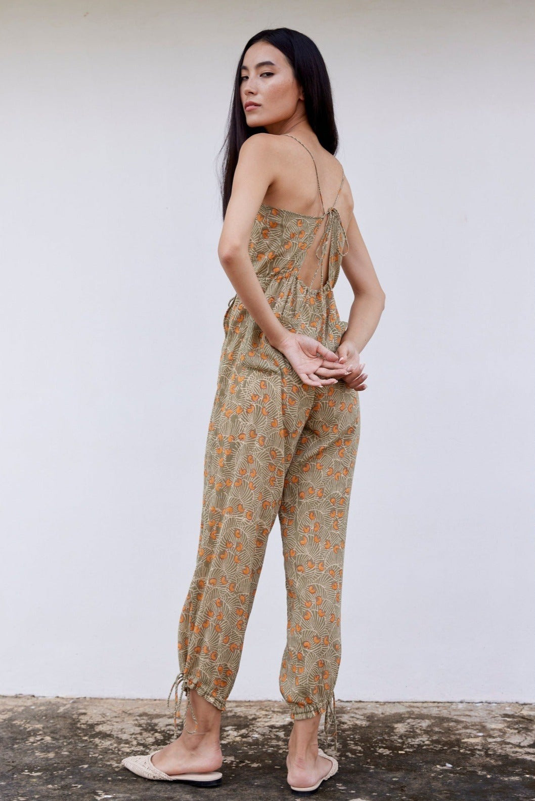 Hand-Printed Simané Jumpsuit (Safari Green)