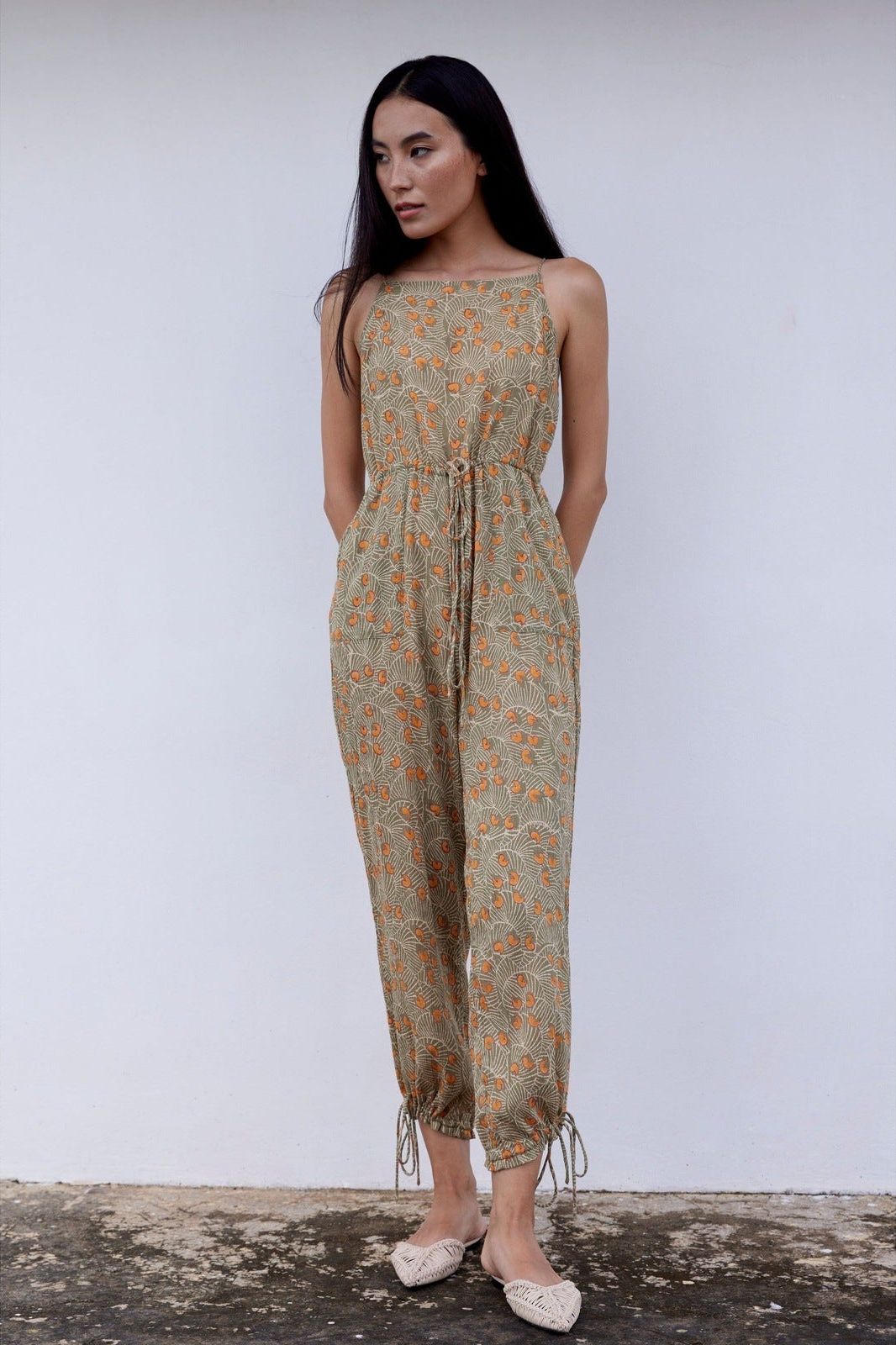 Hand-Printed Simané Jumpsuit (Safari Green)