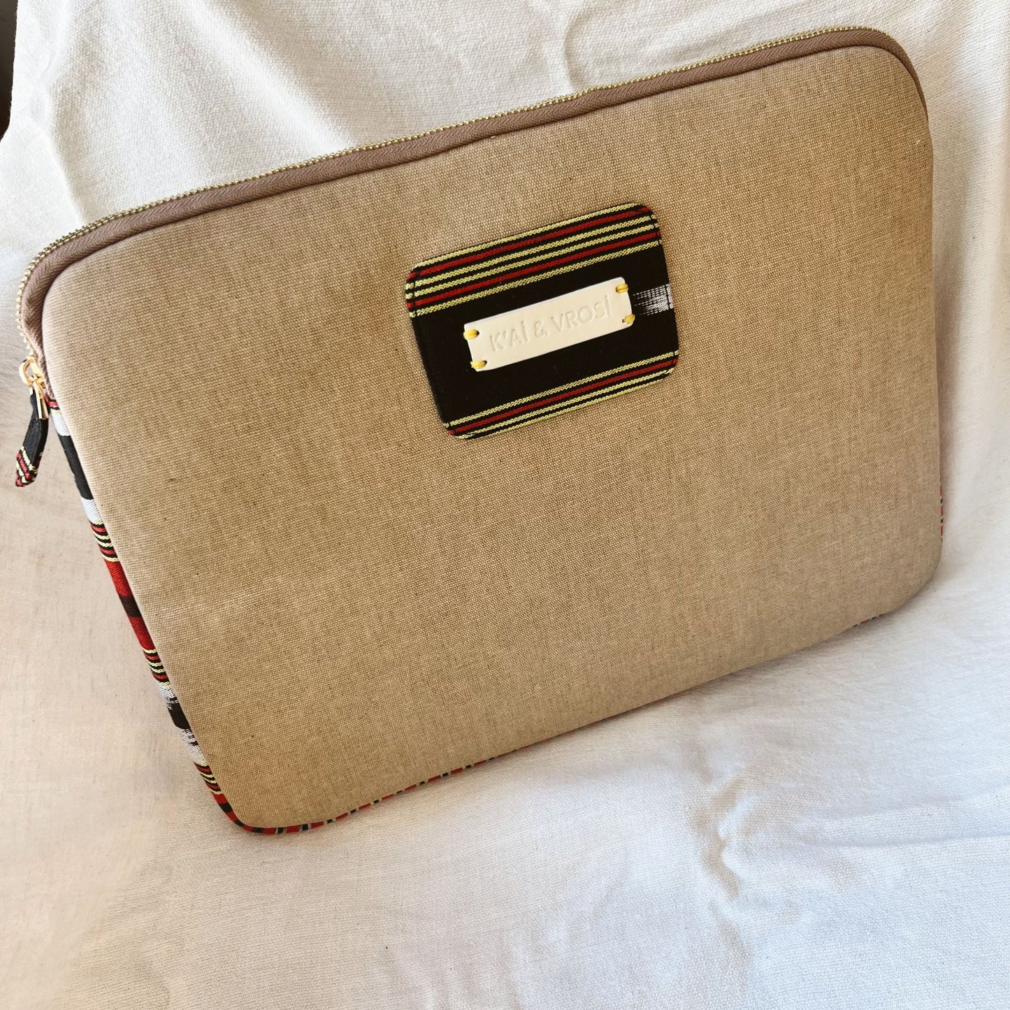 Zipped, Patterned, Cream Canvas Laptop Case for 13" 14"