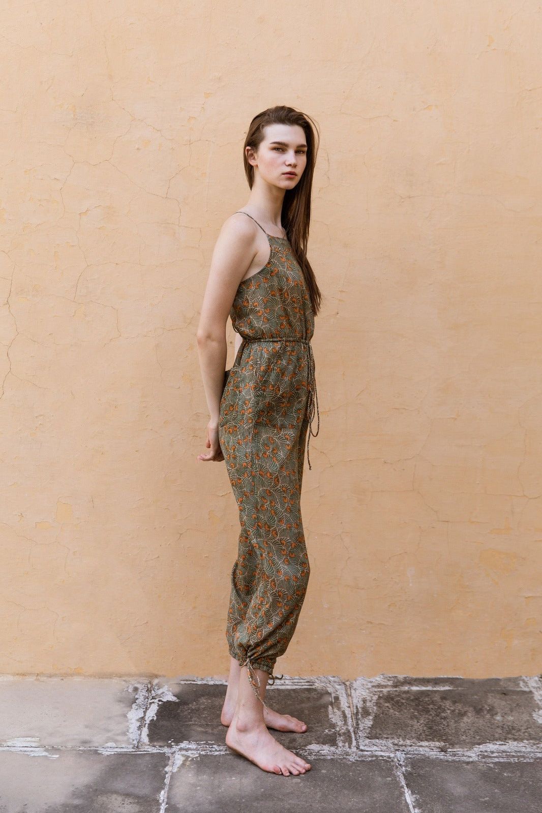 Hand-Printed Simané Jumpsuit (Safari Green)