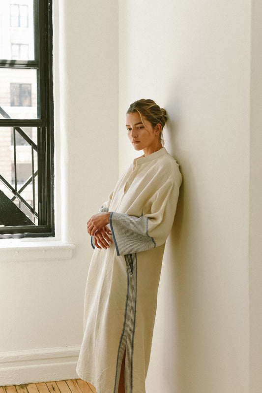 Ivory Blue Tribeca Long Sleeve Maxi Kaftan