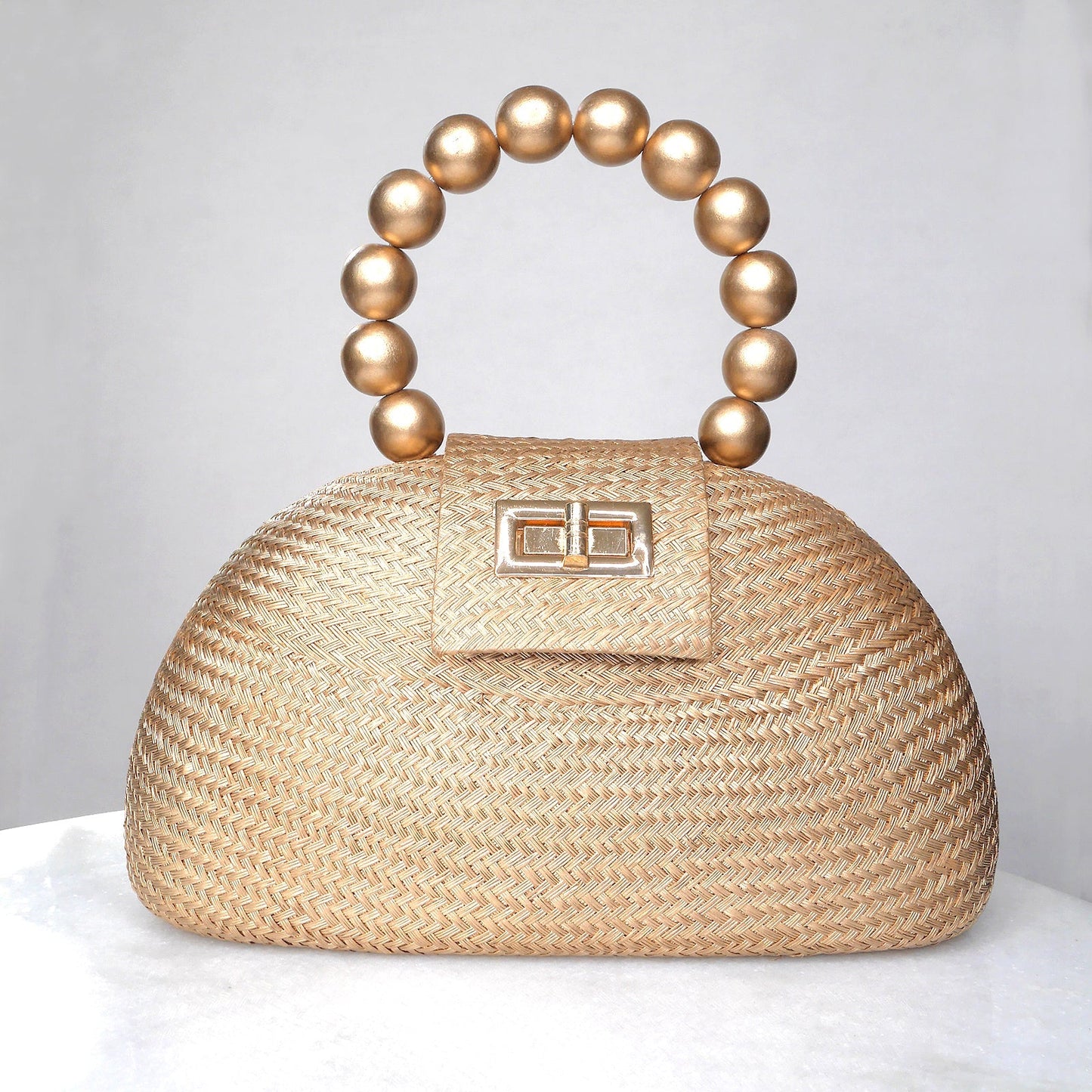 THE ORLA Gold Woven Straw & Wooden Bead Statement Clutch Bag