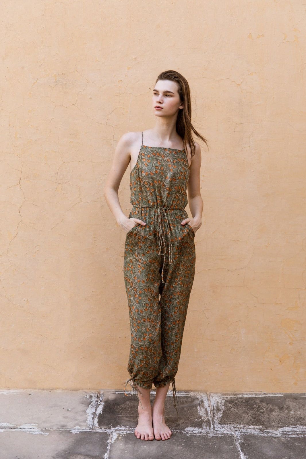 Hand-Printed Simané Jumpsuit (Safari Green)