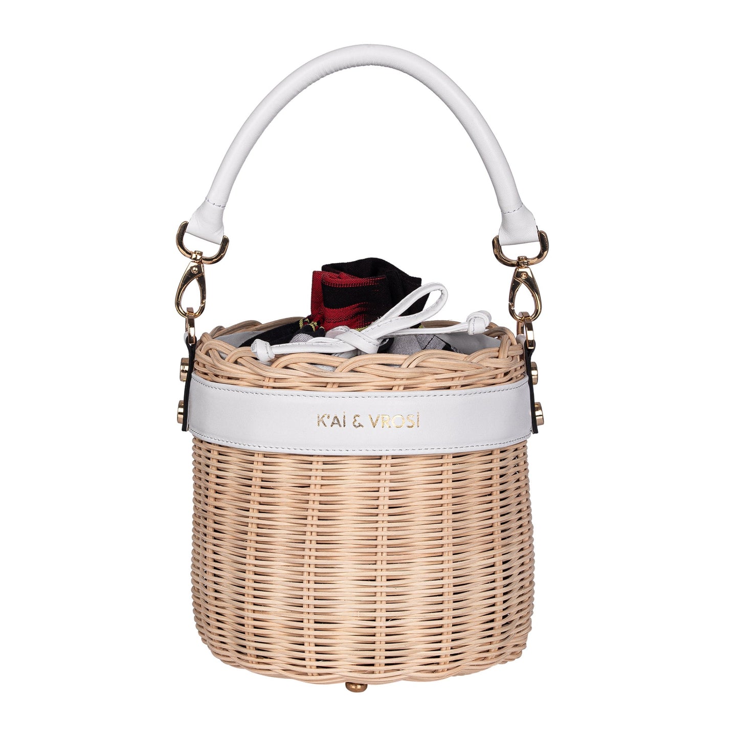 White Leather & Straw Bucket Bag with Drawstring