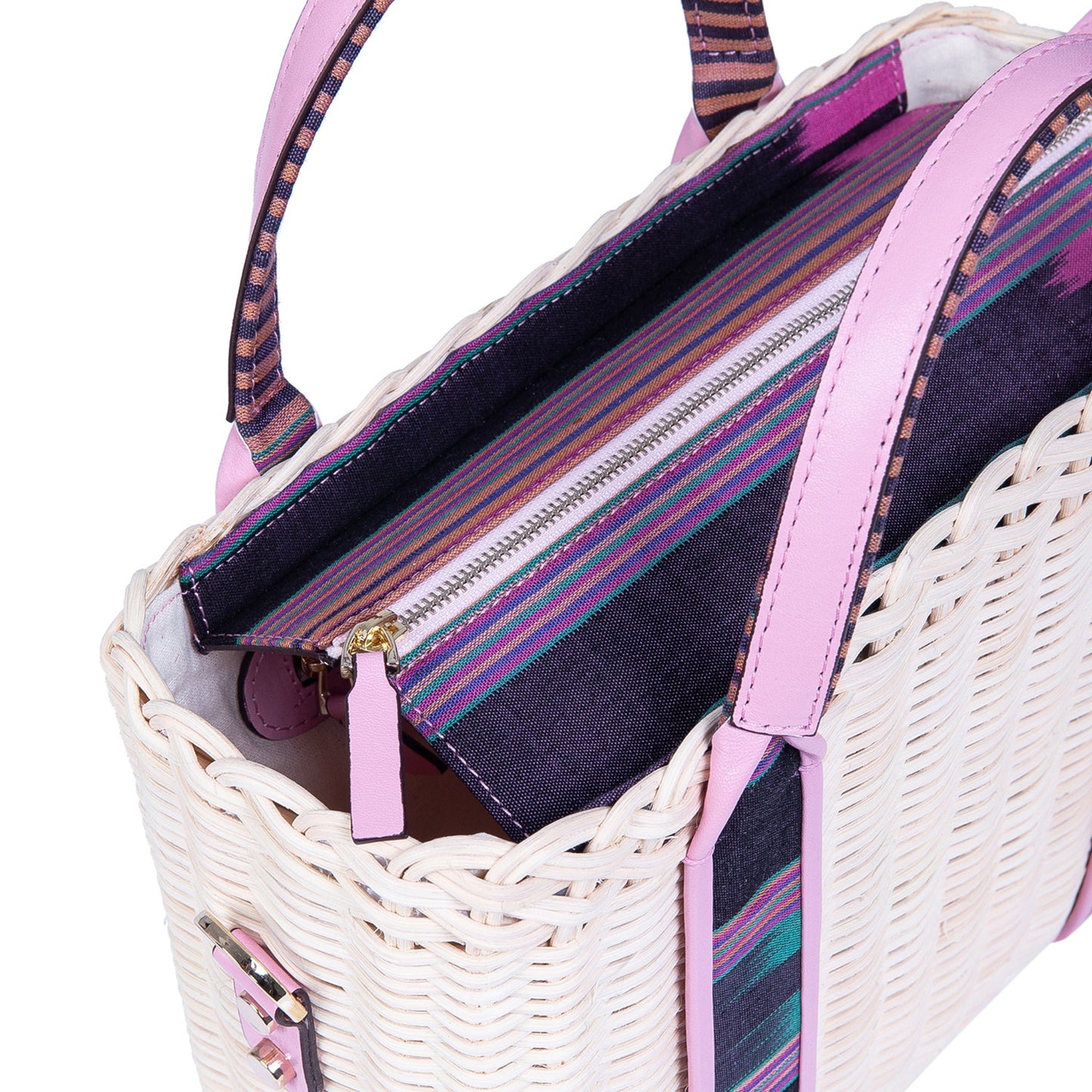 Woven Straw Handbag with Pink Leather Trimmed Handles