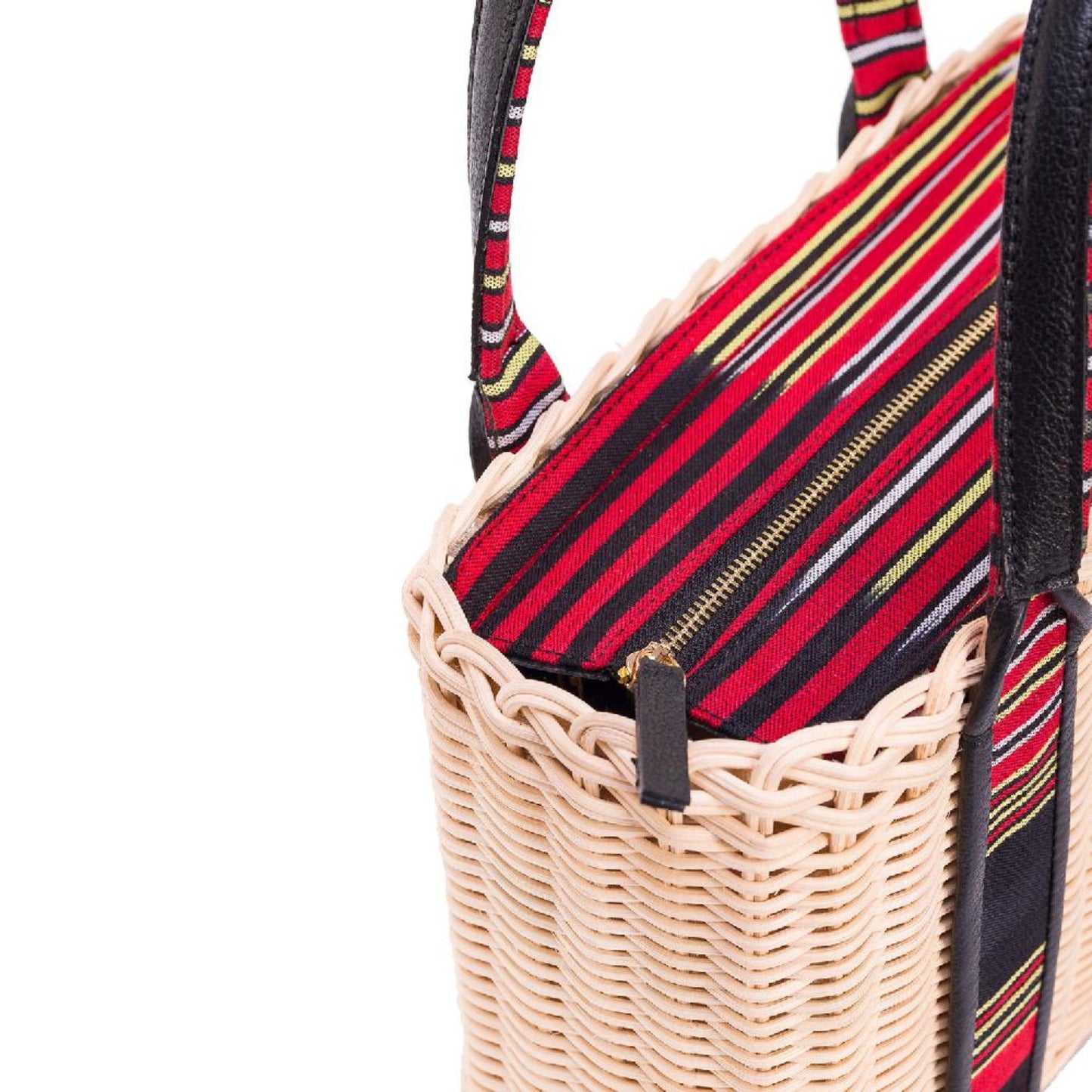 Woven Straw Handbag with Black Leather Trimmed Handles