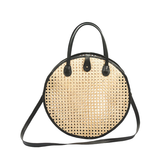 Round Rattan Leather Crossbody