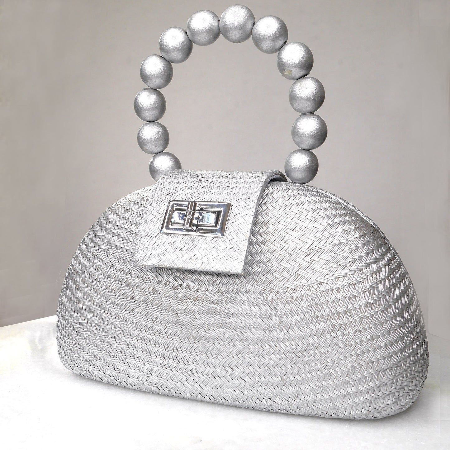 THE ORLA Silver Woven Straw & Wooden Bead Statement Clutch Bag