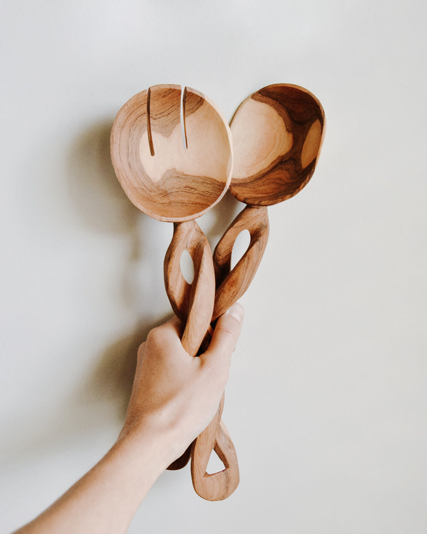 Olive Wood Spiral Salad Servers